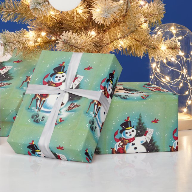 Vintage Christmas Snowman Playing With Animals Wrapping Paper (Holidays)