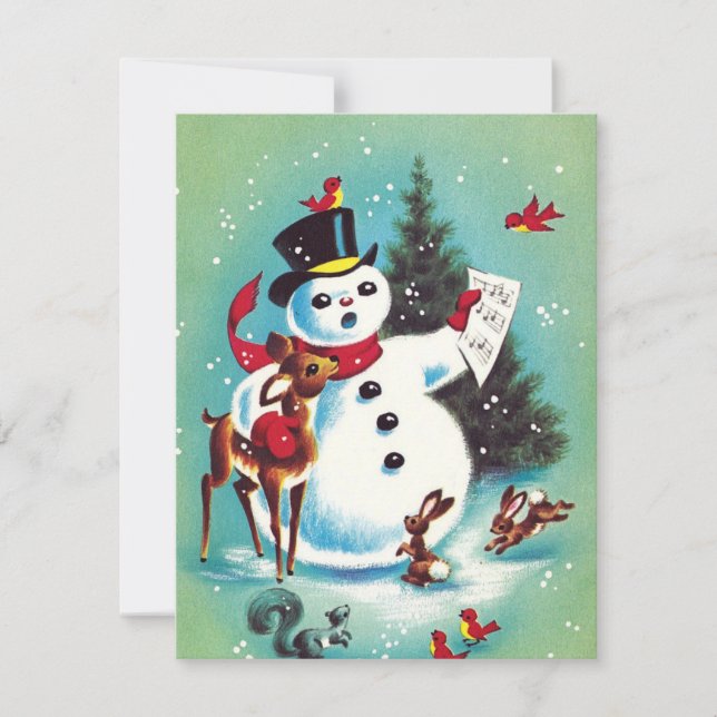 Vintage Christmas Snowman Sings To Animals Holiday Card (Front)
