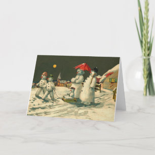 Vintage Christmas snowman snowmen family sledge Holiday Card
