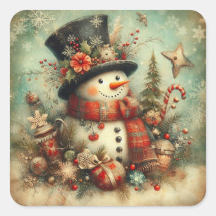 Vintage Christmas Snowman Square Sticker