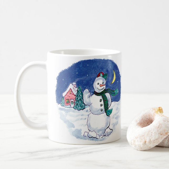 Vintage Christmas Snowman Waving Coffee Mug (With Donut)
