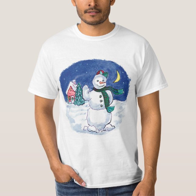 Vintage Christmas Snowman Waving T-Shirt (Front)