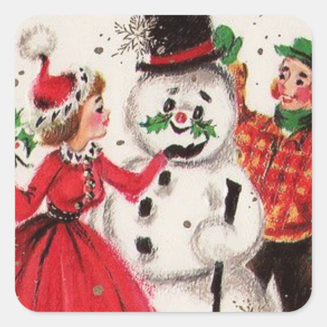 Vintage Christmas Snowman With Family Square Sticker (Front)