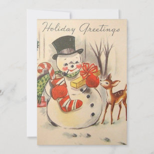 Vintage Christmas Snowman With Gifts For Deer Holiday Card