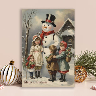 Vintage Christmas Snowman with Kids  Holiday Card
