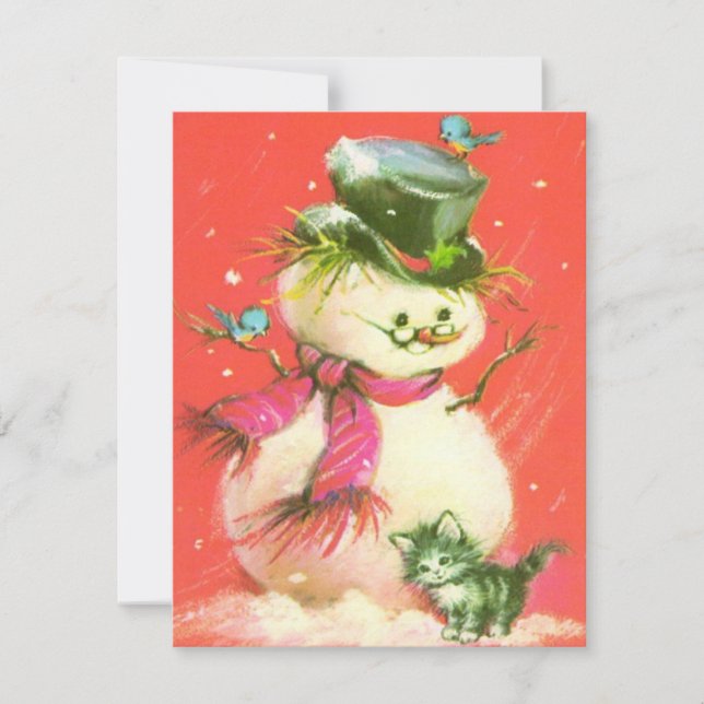 Vintage Christmas Snowman With Kitten Holiday Card (Front)