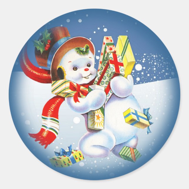 Vintage Christmas Snowman with Presents Classic Round Sticker (Front)