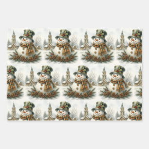 Vintage Christmas Snowman Wrapping Paper Sheet