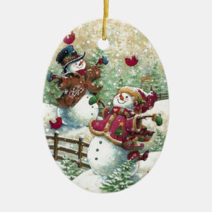 Vintage Christmas Snowmen Ceramic Tree Decoration