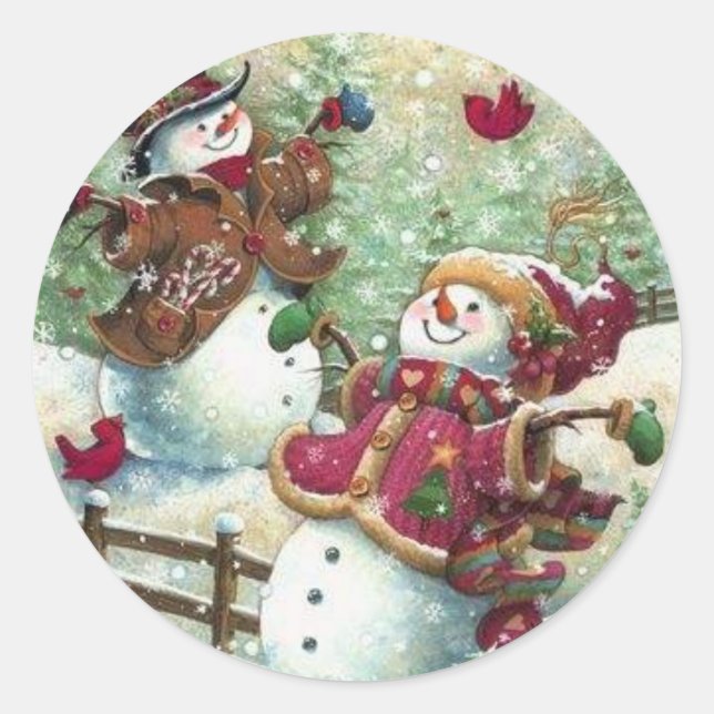 Vintage Christmas Snowmen Classic Round Sticker (Front)