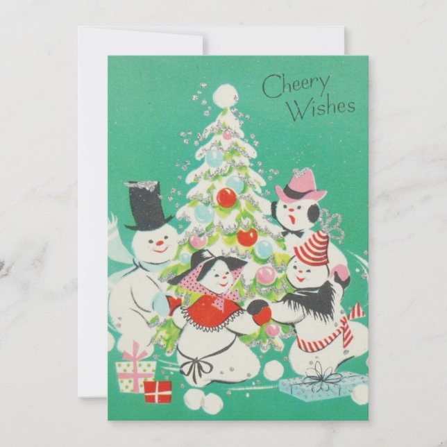 Vintage Christmas Snowmen Dancing Around Tree Holiday Card (Front)