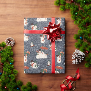 Vintage Christmas Snowmen Family with Navy BG Wrapping Paper