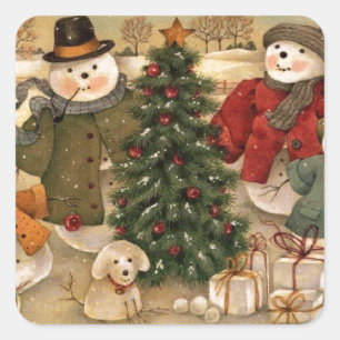 Vintage Christmas Snowmen Square Sticker