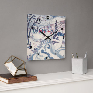 Vintage Christmas, Snowscape with Winter Village Square Wall Clock
