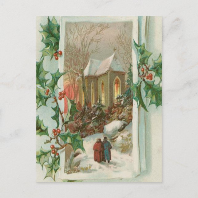 Vintage Christmas Snowy Church Holiday Postcard (Front)