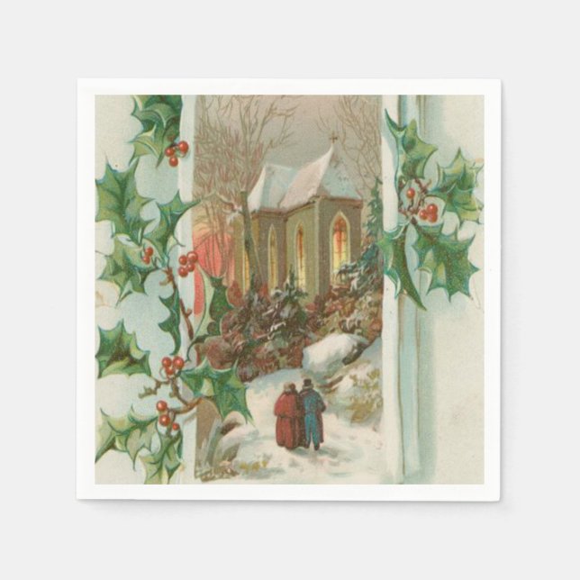 Vintage Christmas Snowy Church Napkin (Front)
