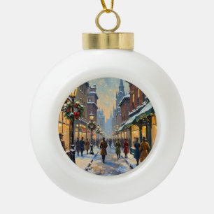 Vintage Christmas Snowy City Street Scene Ceramic Ball Christmas Ornament