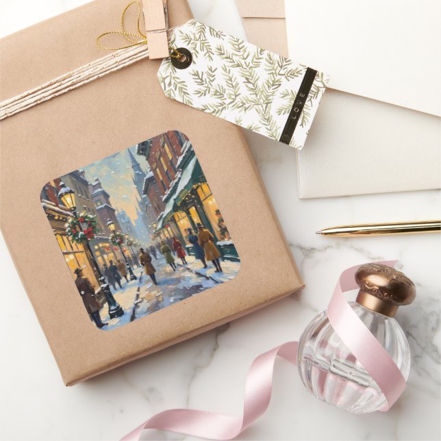 Vintage Christmas Snowy City Street Scene Square Sticker (Gifting)