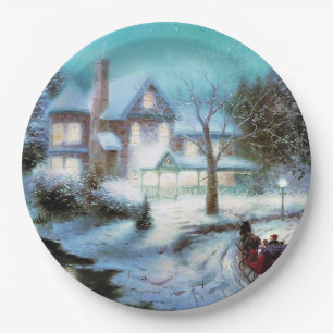 Vintage Christmas snowy landscape Paper Plate