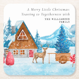 VINTAGE CHRISTMAS SNOWY TOWN ELK PERSONALIZED  SQUARE PAPER COASTER