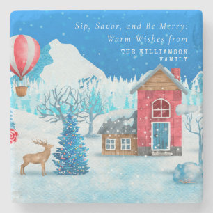 VINTAGE CHRISTMAS SNOWY TOWN ELK PERSONALIZED  STONE COASTER