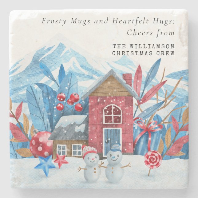 VINTAGE CHRISTMAS SNOWY TOWN SNOWMEN PERSONALIZED  STONE COASTER (Front)