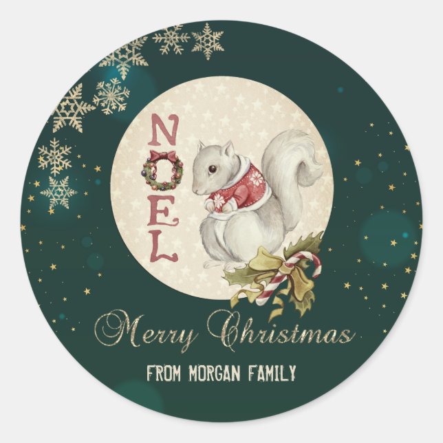 Vintage Christmas Squirrel, Snowflakes Classic Round Sticker (Front)
