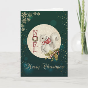 Vintage Christmas Squirrel, Snowflakes  Holiday Card
