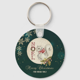 Vintage Christmas Squirrel, Snowflakes  Key Ring