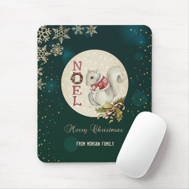 Vintage Christmas Squirrel, Snowflakes  Mouse Mat (With Mouse)