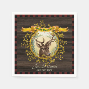 Vintage Christmas Stag Buffalo Plaid Personalised Napkin