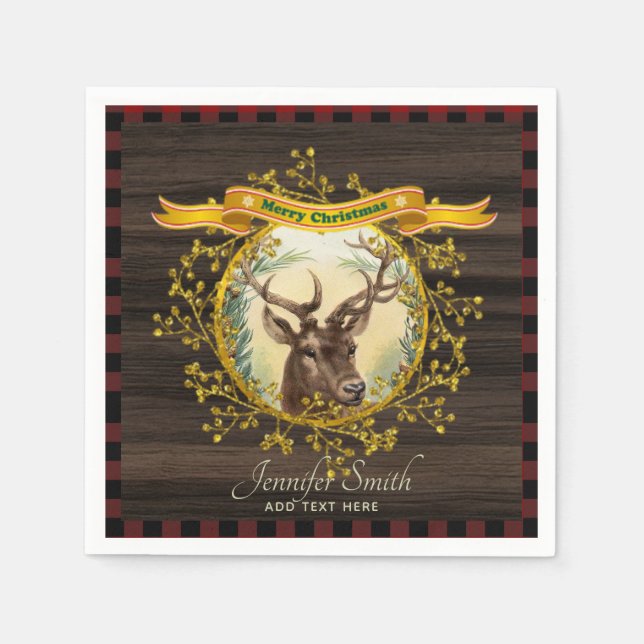 Vintage Christmas Stag Buffalo Plaid Personalised Napkin (Front)