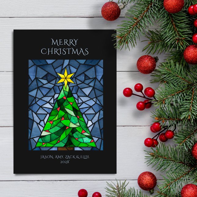 Vintage Christmas Stained Glass Holiday Card (Vintage stained glass Christmas tree)