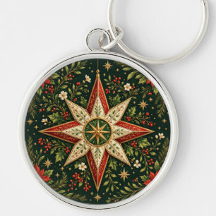 Vintage Christmas Star Ornament Poinsettia Holly Key Ring