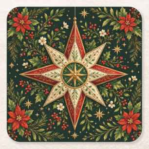 Vintage Christmas Star Ornament Poinsettia Holly Square Paper Coaster
