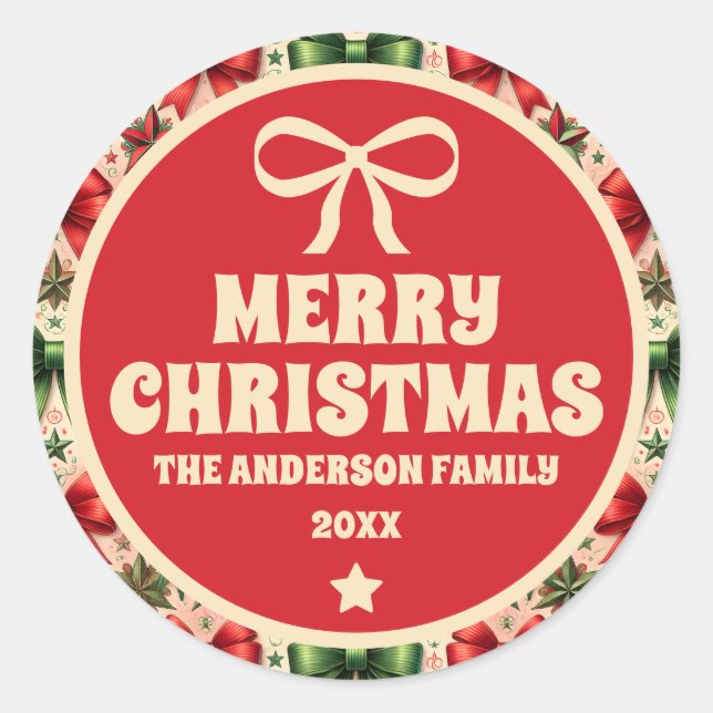 Vintage Christmas Stars and Bows Classic Round Sticker (Front)