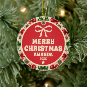 Vintage Christmas Stars and Bows Kids Photo Ceramic Tree Decoration