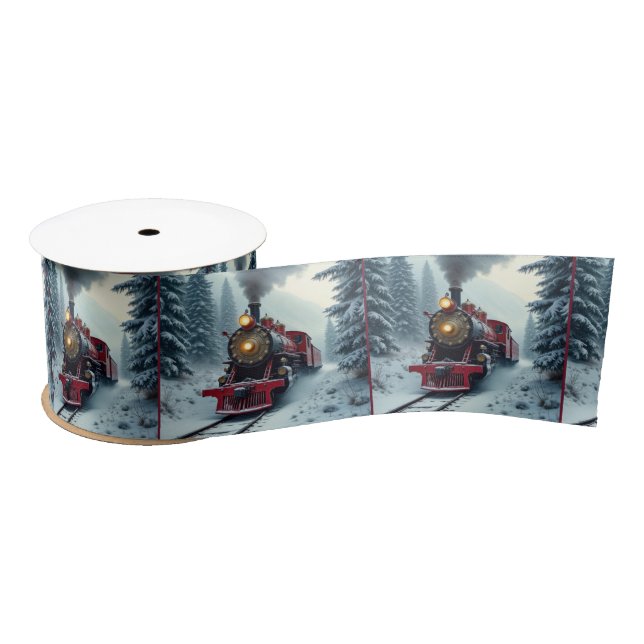 Vintage Christmas Steam Locomotive Satin Ribbon (Spool)