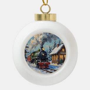 Vintage Christmas Steam Train at Snowy Station Ceramic Ball Christmas Ornament