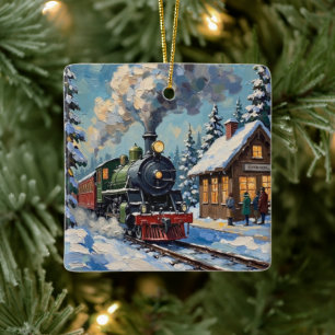 Vintage Christmas Steam Train at Snowy Station Ceramic Ornament