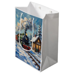 Vintage Christmas Steam Train at Snowy Station Medium Gift Bag