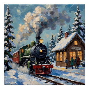 Vintage Christmas Steam Train at Snowy Station Poster