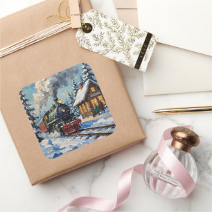 Vintage Christmas Steam Train at Snowy Station Square Sticker