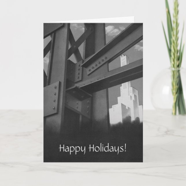 Vintage Christmas, Steel Construction Skyscrapers Holiday Card (Front)