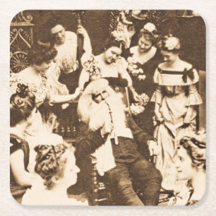 Vintage Christmas Stereoview Santa and the Ladies Square Paper Coaster