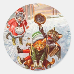 Vintage Christmas Sticker, Arthur Thiele Cats Classic Round Sticker