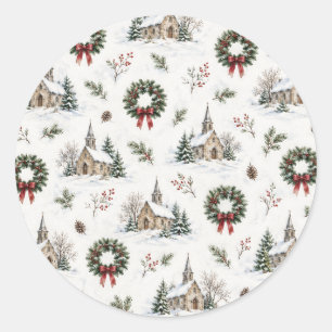 Vintage Christmas Sticker St 1 – Wreath & Church