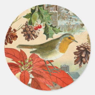 Vintage Christmas sticker w/ birds and red flowers