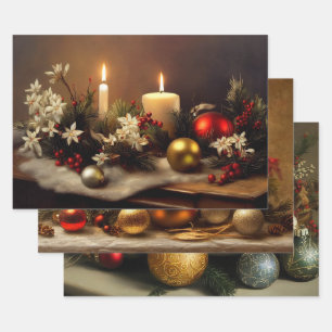 Vintage Christmas Still Life Paintings Trio Wrapping Paper Sheet