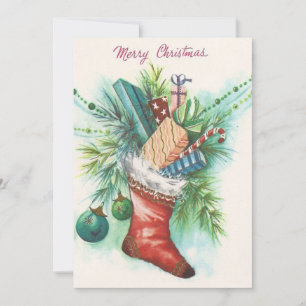 Vintage Christmas Stocking Full Gifts Holiday Card